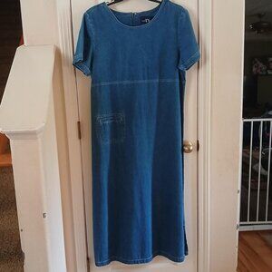 Vintage Y2K 1990s 100% cotton denim maxi dress front pocket zip back size L